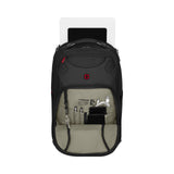 Black backpack with an open front compartment revealing storage pockets.