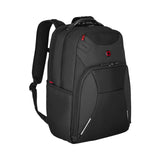 Black backpack with multiple compartments and red accents.