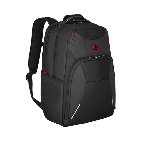 Black backpack with multiple compartments and red accents.