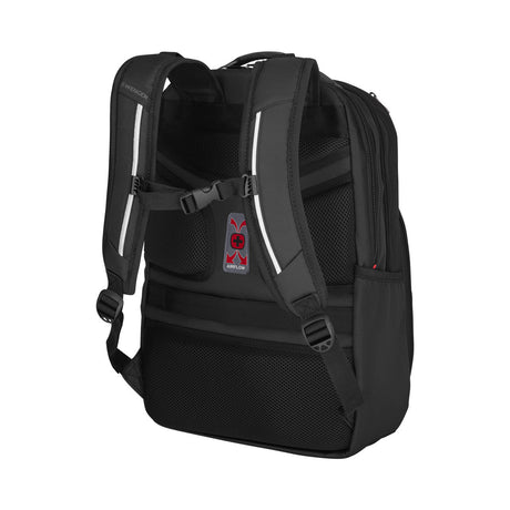 Black backpack with padded straps and reflective strips.