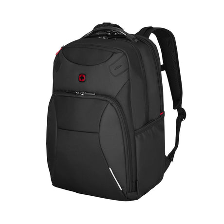 Black backpack with multiple compartments and padded straps.