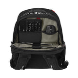 Black laptop backpack with open compartments showing a keyboard and mouse inside.