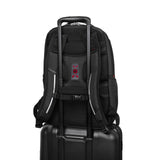 Black backpack with a luggage strap and USB charging port.
