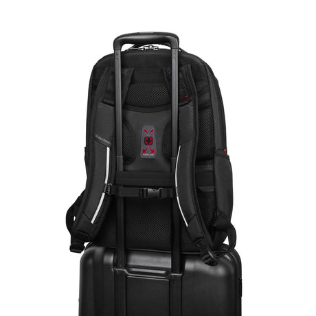 Black backpack with a luggage strap and USB charging port.