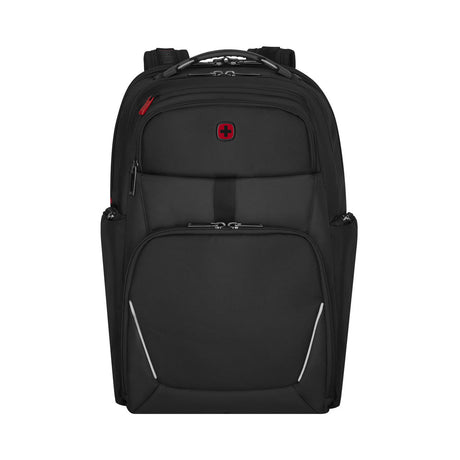Black backpack with red accents and multiple compartments.
