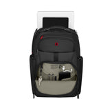 Black backpack with multiple compartments and a laptop sleeve visible.