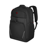 Black backpack with multiple compartments and padded straps.