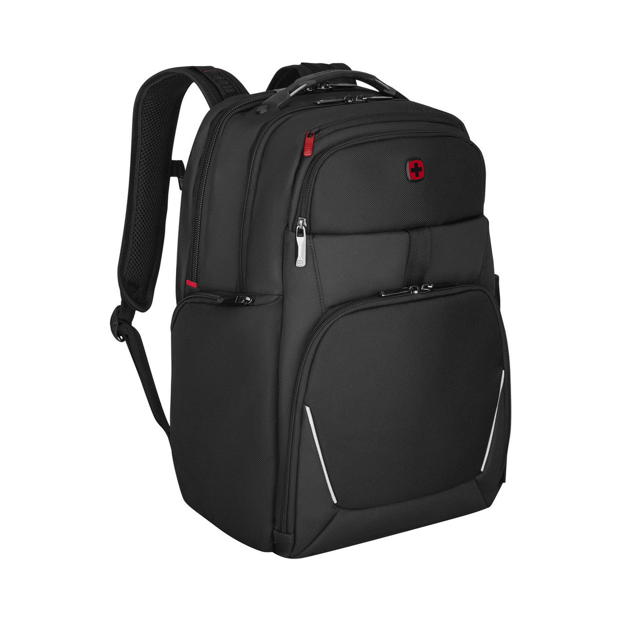 Black backpack with multiple compartments and red accents.