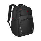 Black backpack with multiple compartments and red accents.