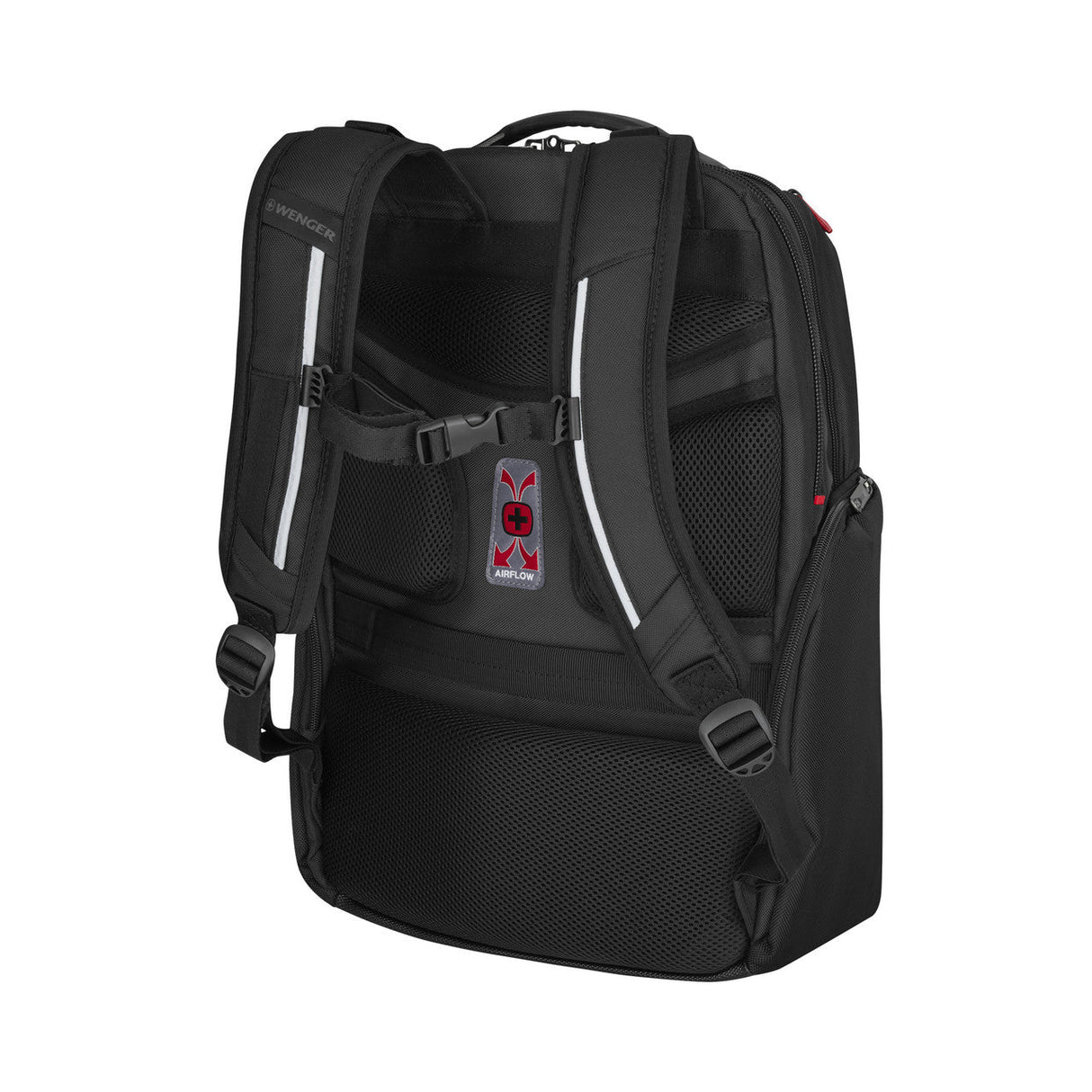 Black backpack with padded straps and mesh side pockets.