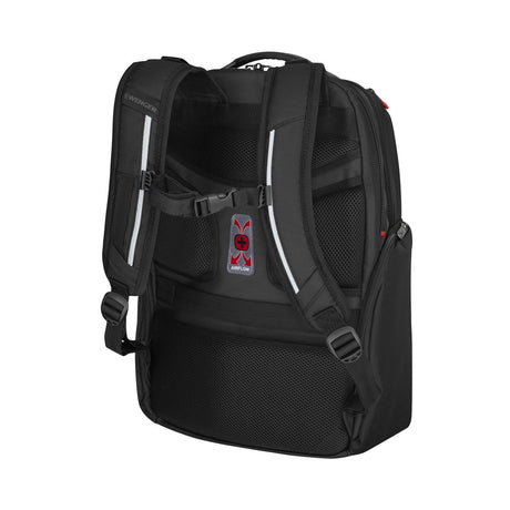 Black backpack with padded straps and mesh side pockets.