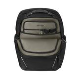 Wenger backpack with black exterior and gray interior compartments.