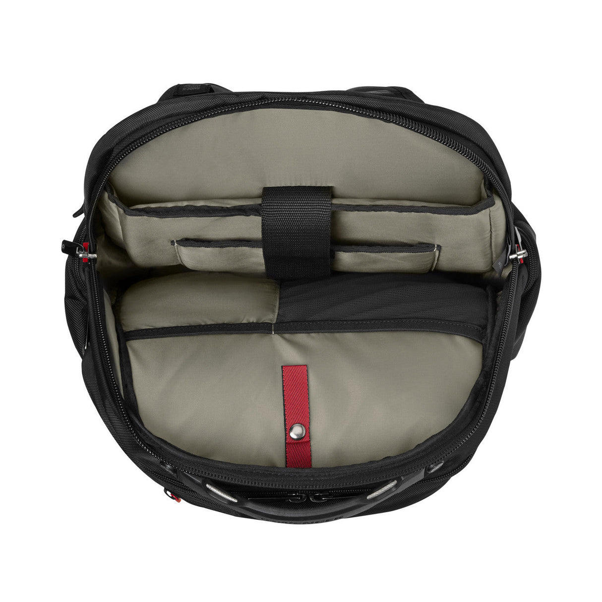 Open backpack or messenger bag showing interior compartments and a red accent strap.