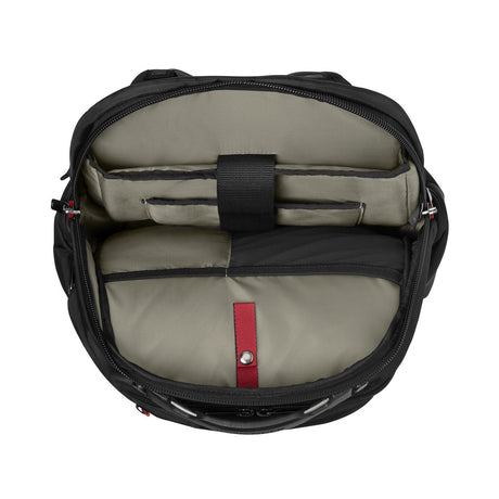 Open backpack or messenger bag showing interior compartments and a red accent strap.