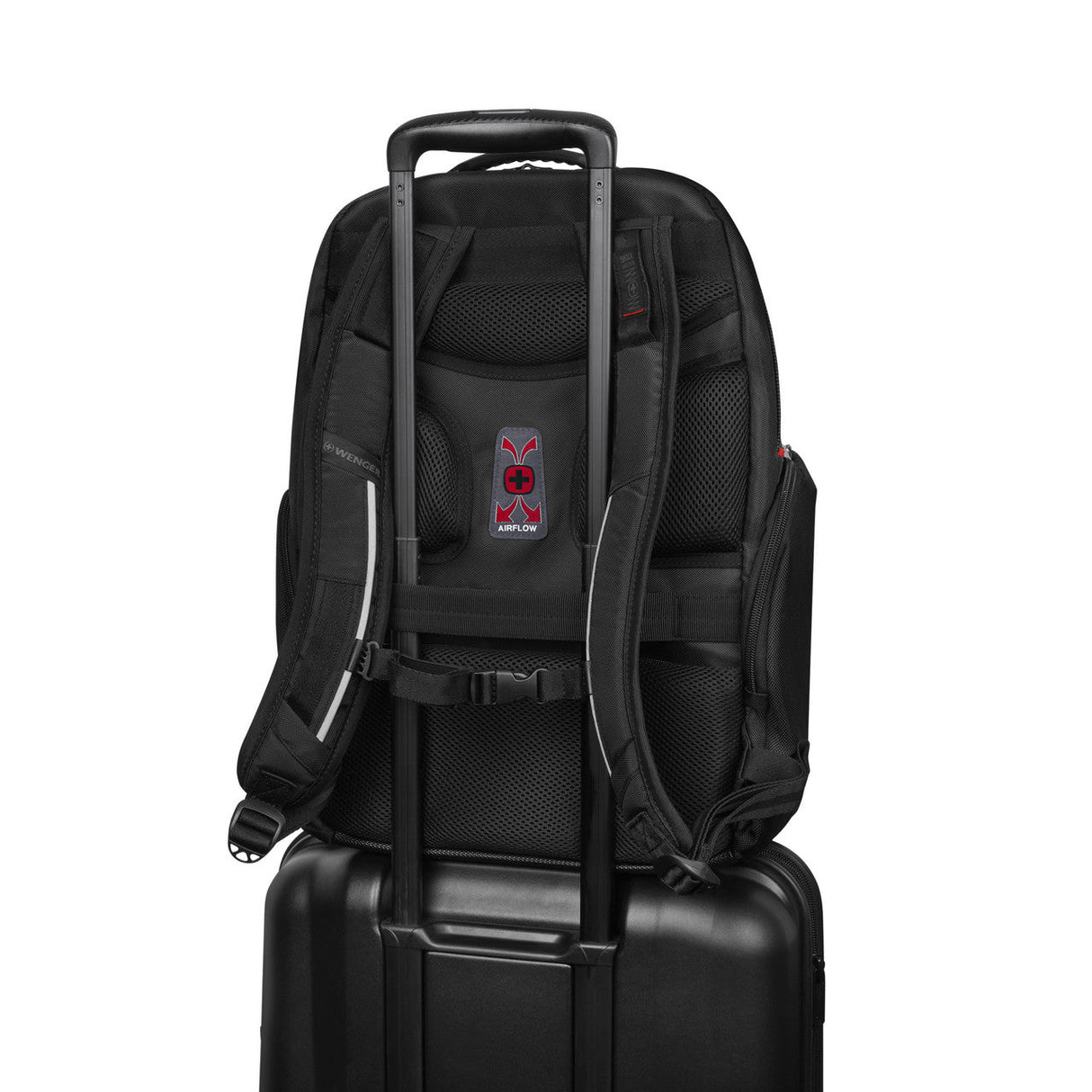 Black backpack with a luggage pass-through strap.