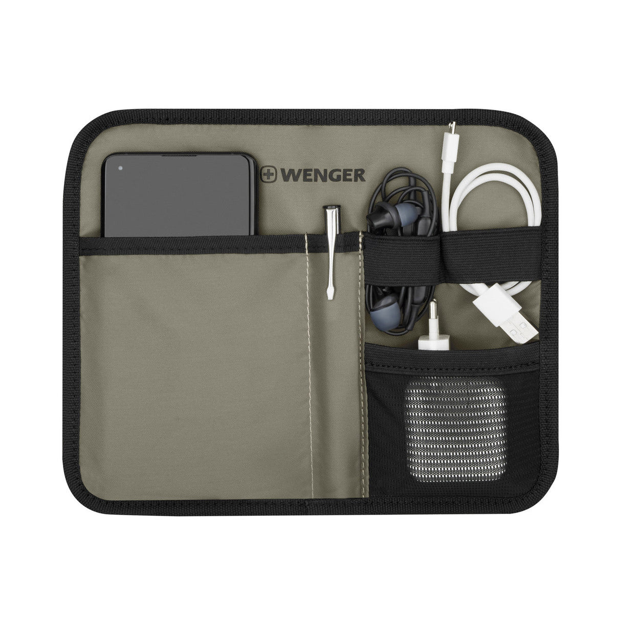 Organizer pouch with compartments for electronic devices and accessories.