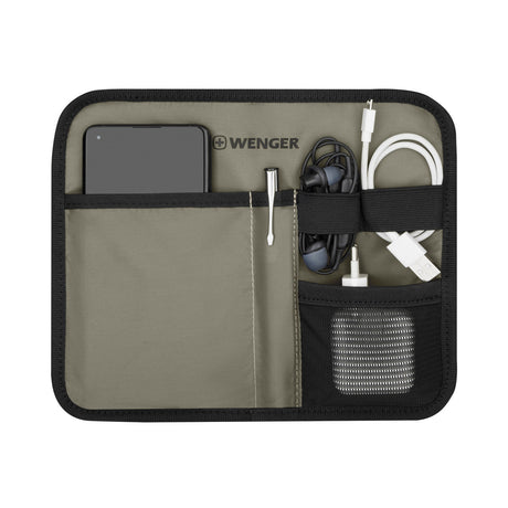 Organizer pouch with compartments for electronic devices and accessories.