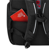 Black backpack with a red passport or document visible in a side pocket.