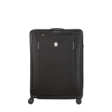 Black wheeled suitcase with a front zippered compartment.