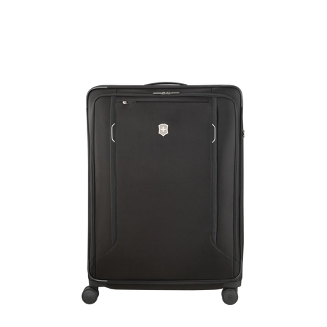 Black wheeled suitcase with a front zippered compartment.
