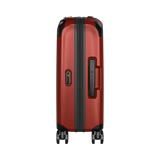 Red hardshell rolling suitcase with black trim and wheels.