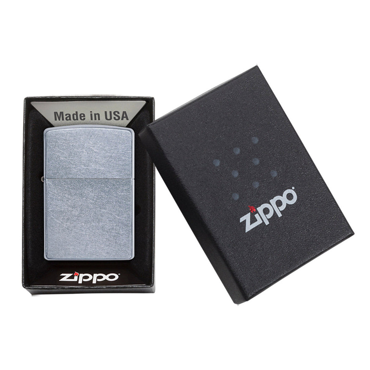 Zippo lighter in its packaging, displaying the product and its box.