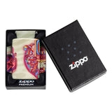 Zippo lighter with a colorful anatomical heart design in its packaging.