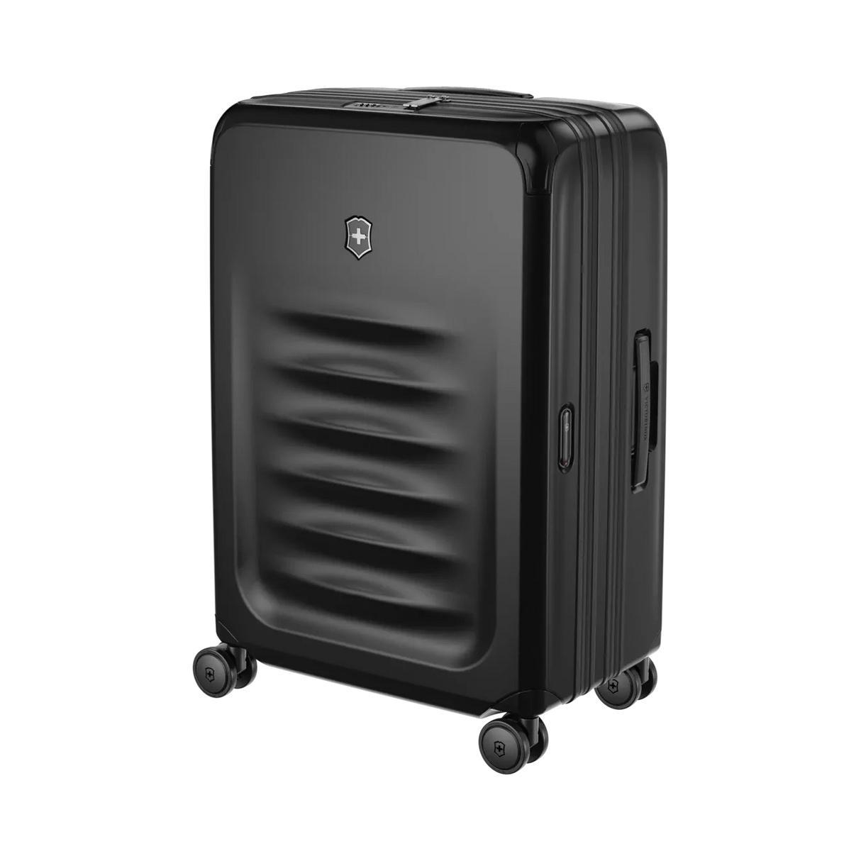 Black hardshell rolling suitcase with horizontal ridges on the front panel.