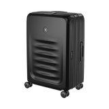 Black hardshell rolling suitcase with horizontal ridges on the front panel.