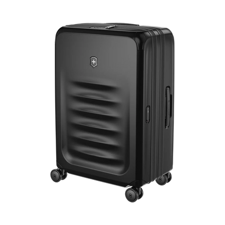 Black hardshell rolling suitcase with horizontal ridges on the front panel.