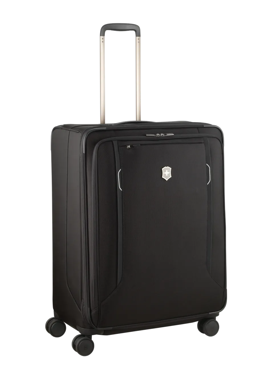 Black rolling suitcase with an extendable handle and four wheels.