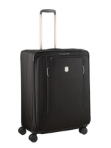 Black rolling suitcase with an extendable handle and four wheels.