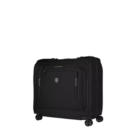 Black rolling garment bag or suitcase with multiple compartments and wheels.