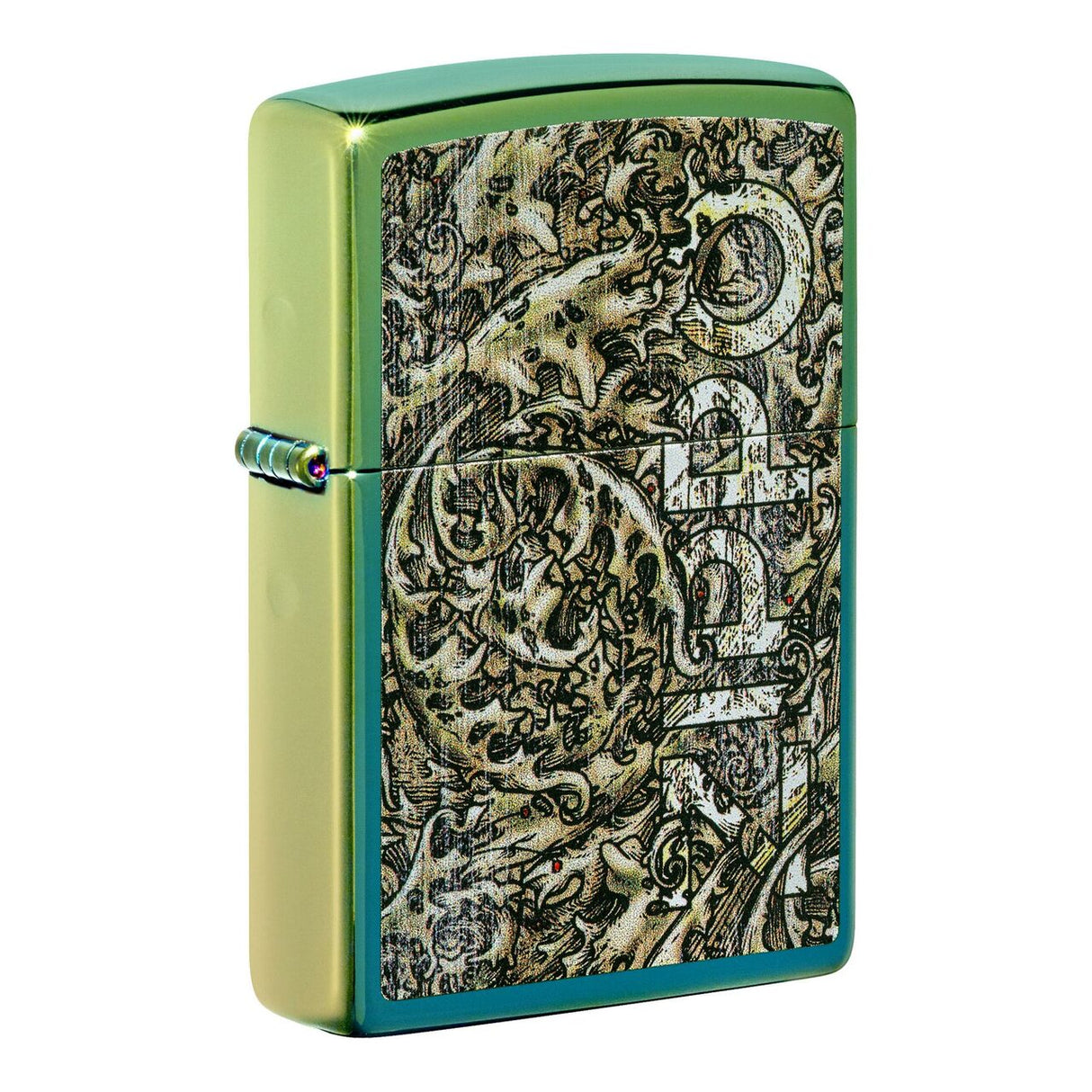 Zippo lighter with an intricate engraved design on its metallic surface.