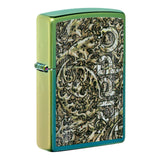 Zippo lighter with an intricate engraved design on its metallic surface.