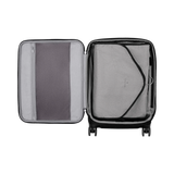 Open suitcase with two compartments, one zippered and one with elastic straps.