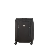 Black wheeled suitcase with a zippered front pocket and a logo emblem.