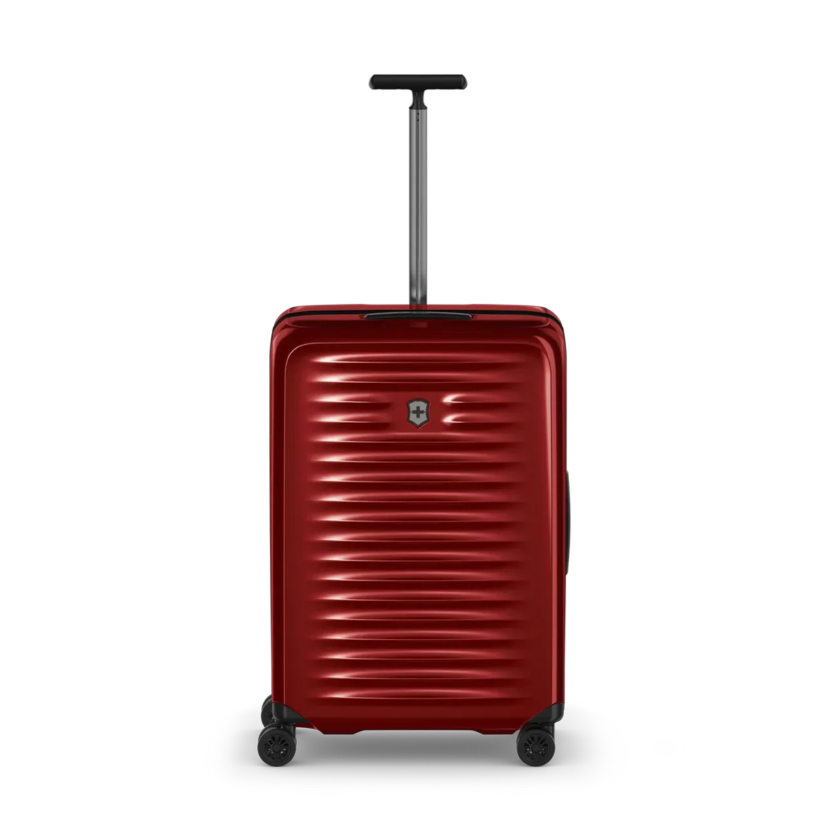 Red hardshell rolling suitcase with horizontal ridges and an extendable handle.