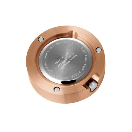 Circular copper-colored watch case back with a silver center and visible screws.