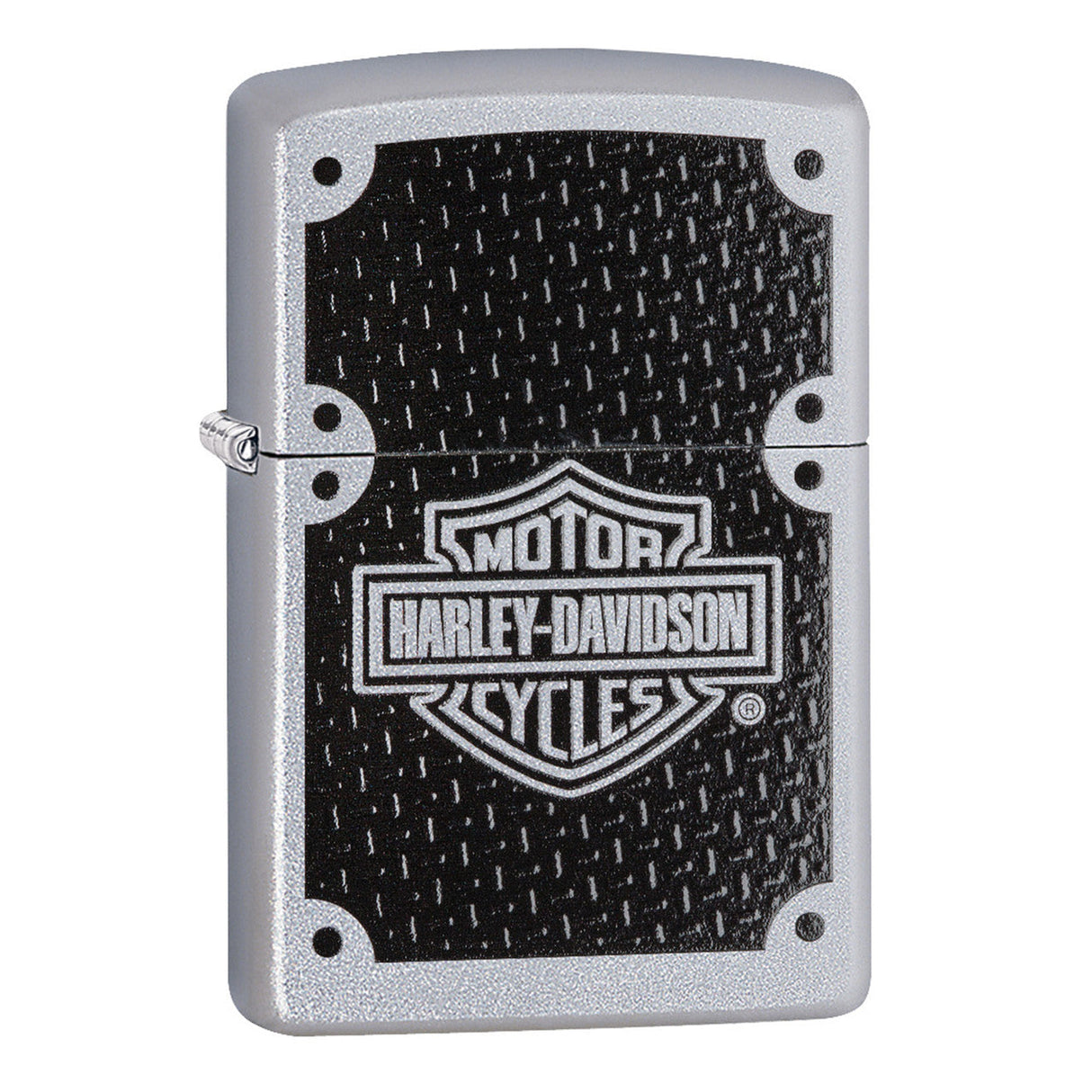 Zippo lighter featuring a Harley-Davidson logo on a textured black background.