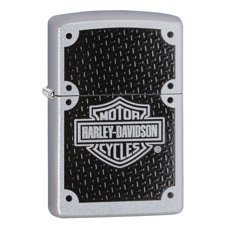 Zippo lighter featuring a Harley-Davidson logo on a textured black background.