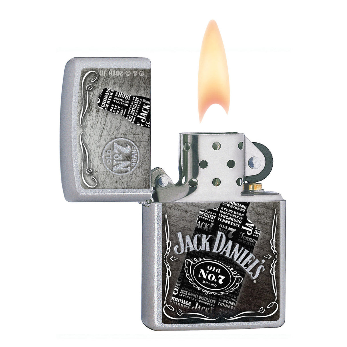 Lit Zippo-style lighter with Jack Daniel’s whiskey branding engraved on its metal casing.
