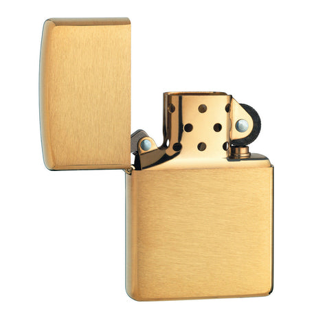 Gold-colored metal flip lighter with an open lid.