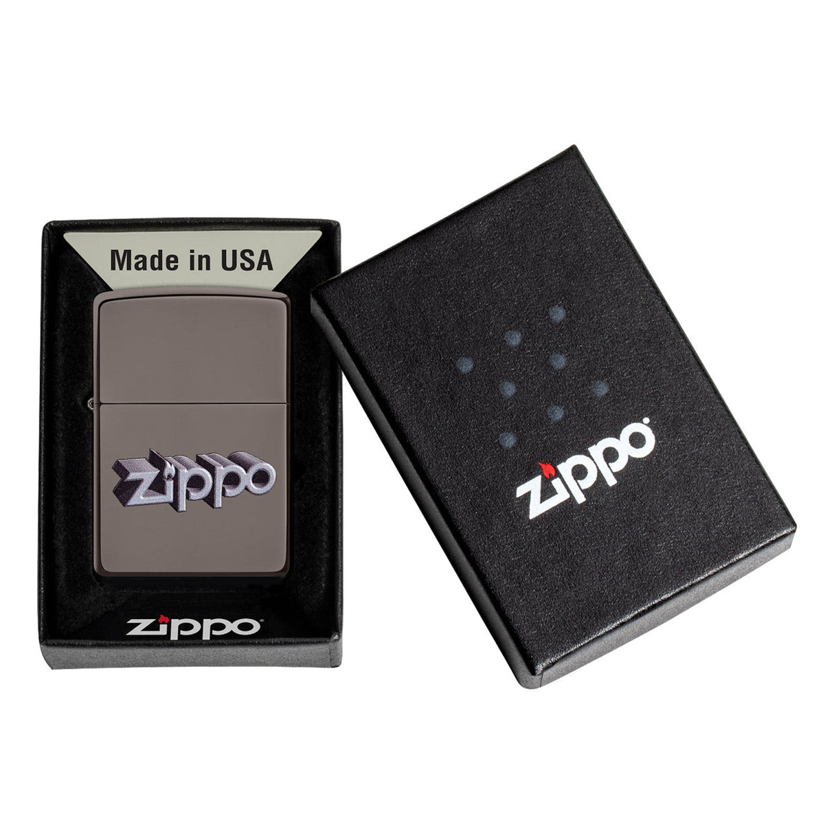 Zippo lighter with its packaging box.