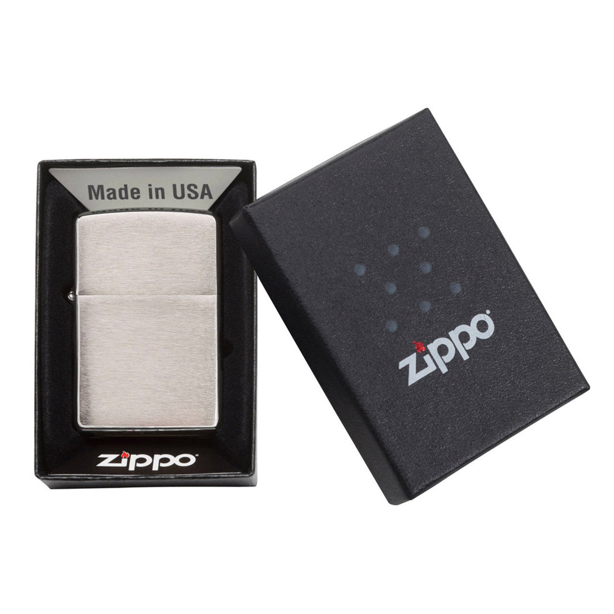 Zippo lighter in its packaging box.