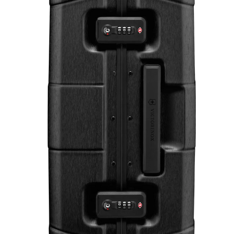 Black suitcase or luggage with combination locks and a handle.