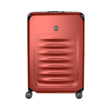 Red hardshell rolling suitcase with horizontal ridges and a logo emblem.
