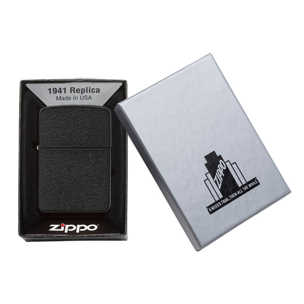 Black Zippo lighter with ’1941 Replica’ engraving, displayed next to its packaging box.