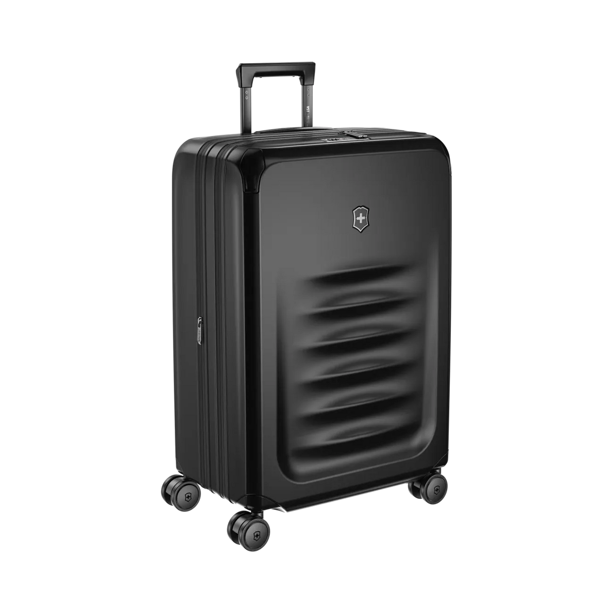 Black hardshell rolling suitcase with horizontal ridges on the front.