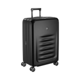 Black hardshell rolling suitcase with horizontal ridges on the front.